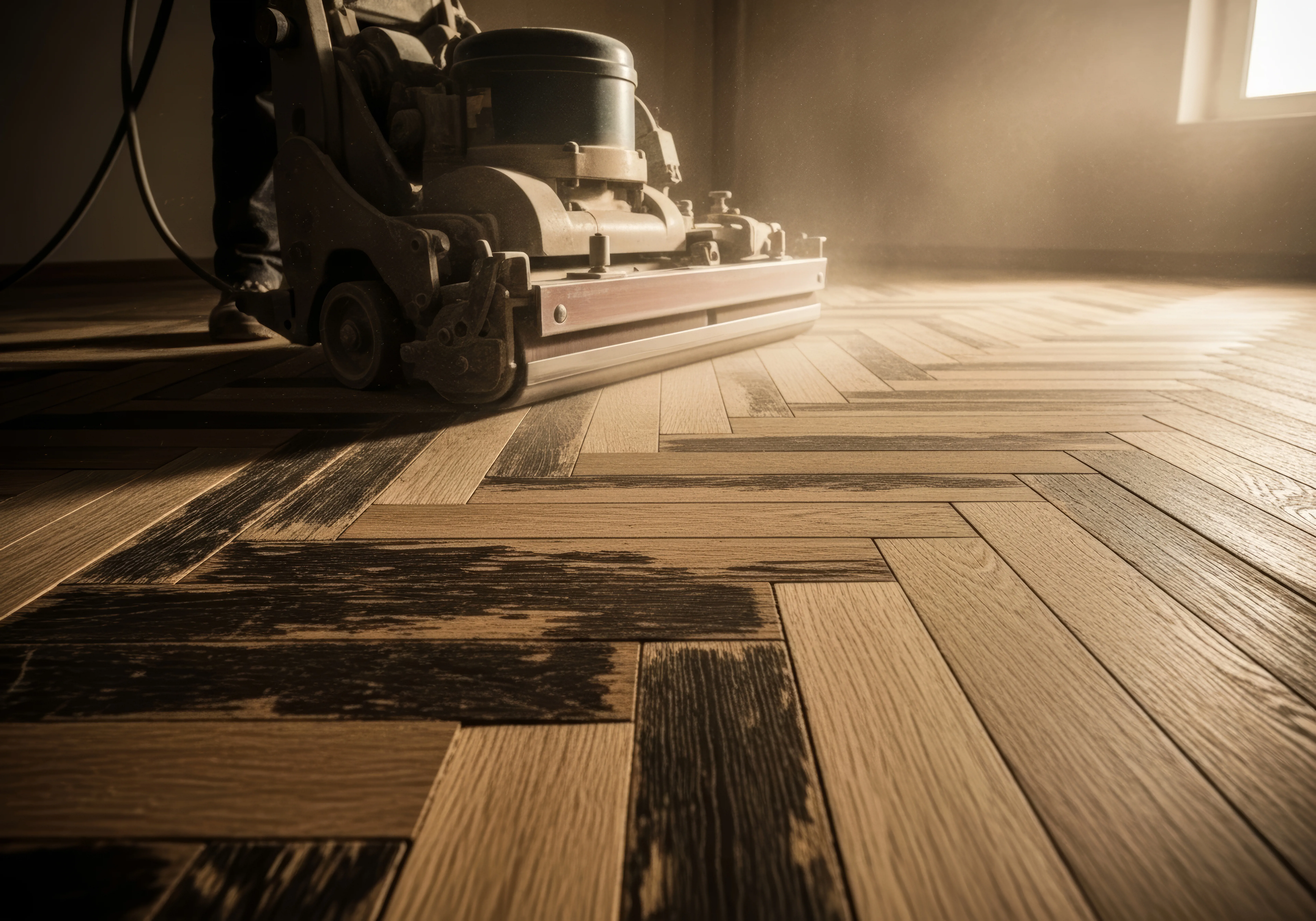 Levigatrice professionale su pavimento in parquet durante un intervento di ristrutturazione
